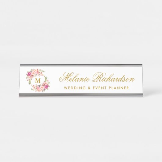 Farbrosa Blumenreath Goldmonogramm Schreibtischnamensplakette (Vorderseite )