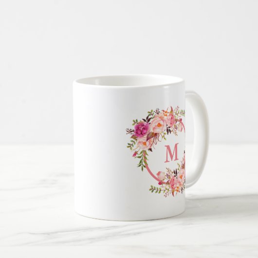 Farbrosa Floral Monogramm Kaffeetasse (VorderseiteRechts)