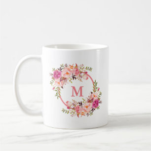 Farbrosa Floral Monogramm Kaffeetasse