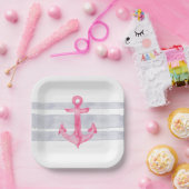 Farbrosa, graue Ankerstreifen Pappteller (Party)