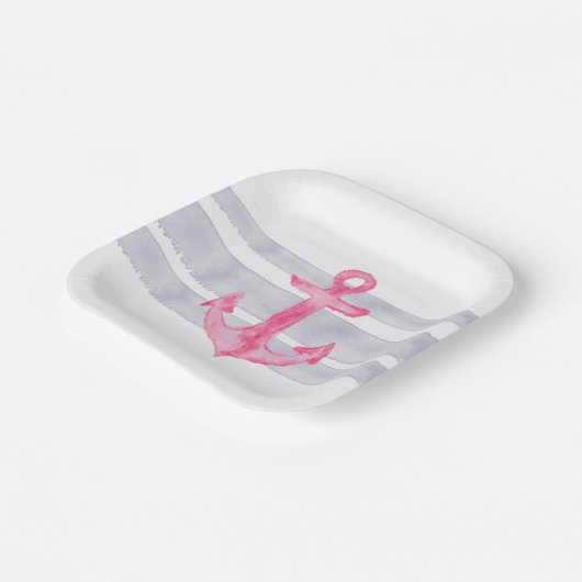 Farbrosa, graue Ankerstreifen Pappteller (Gewinkelt)