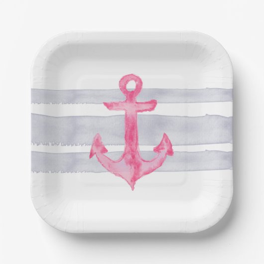 Farbrosa, graue Ankerstreifen Pappteller (Vorderseite)