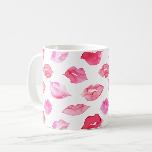 Farbrosa Lippenmuster Makeup Branding Kaffeetasse (Vorderseite Links)