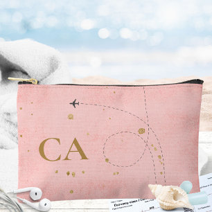 Farbrosa Minimal Gold Monogramm Flugzeug Reise Zubehörtasche