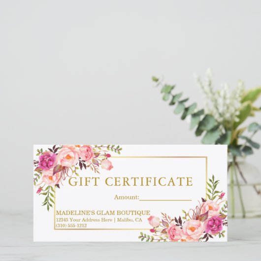 Farbrosa Rosen Blumengold Geschenkgutschein (Stehend Vorderseite)