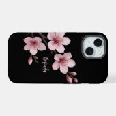 Farbrosa Schwarzer Kirschblossom Monogramm iPhone 15 Hülle (Rückseite (Horizontal))
