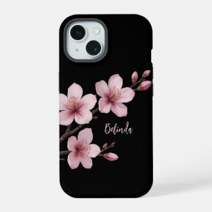Farbrosa Schwarzer Kirschblossom Monogramm iPhone 15 Hülle