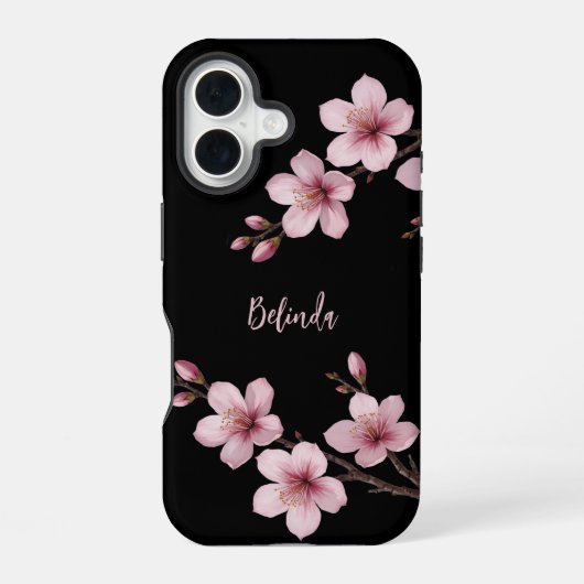Farbrosa Schwarzer Kirschblossom Monogramm iPhone 16 Hülle (Rückseite)