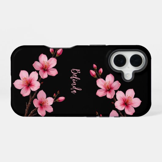 Farbrosa Schwarzer Kirschblossom Monogramm iPhone 16 Hülle (Rückseite (Horizontal))