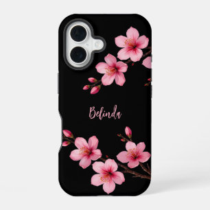 Farbrosa Schwarzer Kirschblossom Monogramm iPhone 16 Hülle