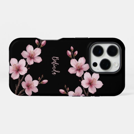 Farbrosa Schwarzer Kirschblossom Monogramm iPhone Hülle (Rückseite (Horizontal))
