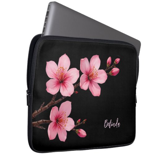 Farbrosa Schwarzer Kirschblossom Monogramm Laptopschutzhülle (Vorne Rechts)