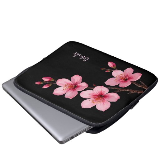 Farbrosa Schwarzer Kirschblossom Monogramm Laptopschutzhülle (Vorne Knopf)