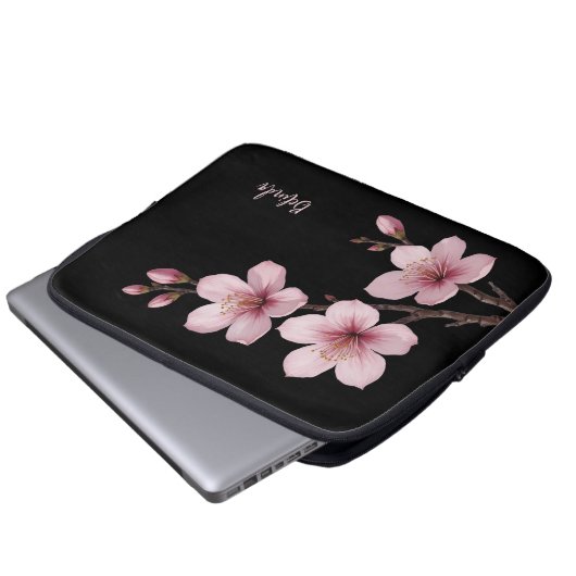Farbrosa Schwarzer Kirschblossom Monogramm Laptopschutzhülle (Vorne Knopf)