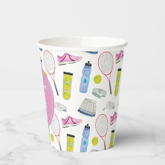 Farbrosa Tennismuster Monogramm Pappbecher (Links)