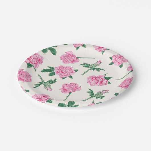 Farbrosa und grüne Rose Pappteller (Schrägansicht)