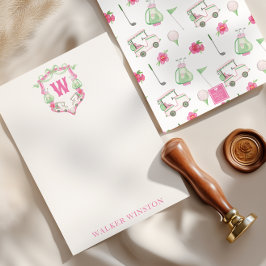 Farbrosa und grüner Golfkart Monogram Wappen Dankeskarte