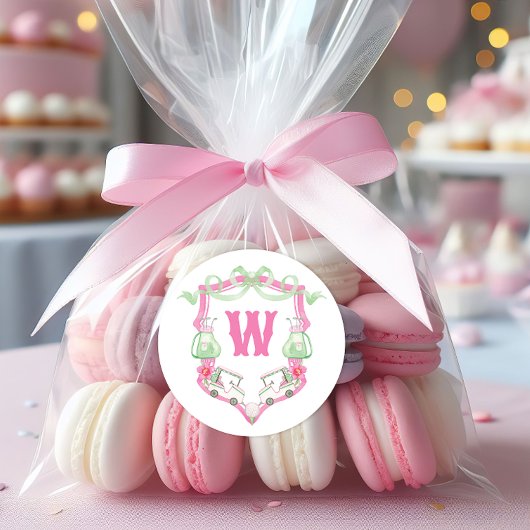 Farbrosa und grüner Golfkart Monogram Wappen Runder Aufkleber