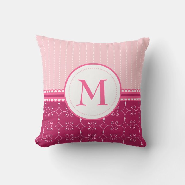 Farbrosa und weiße Monogramm-Muster Kissen (Vorderseite)