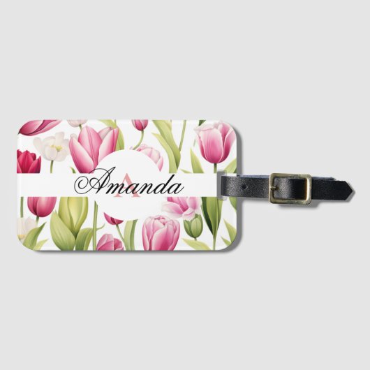 Farbrosa und weiße Monogramm-Tulip-Muster Gepäckanhänger (Vorderseite (Horizontal))