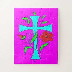 Farbrötung pink mit rot-blauem Kreuz der Blume Puzzle