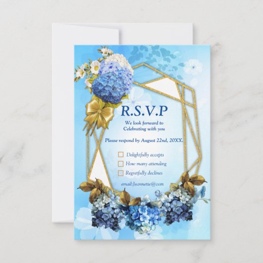 Farbschattierungen von Blue Watercolor Hydrangeas RSVP Karte (Vorderseite)