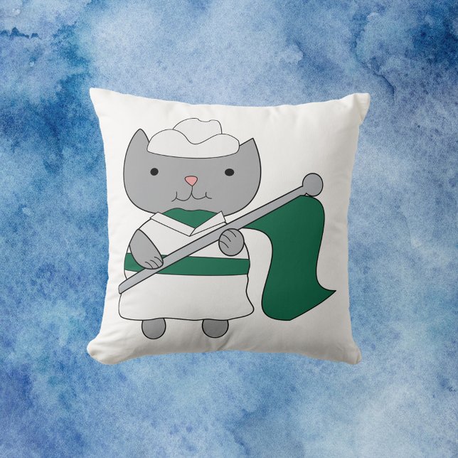 Farbschutz der Katze Grün Kissen (A cute pillow with a gray cat wearing a green and white color guard uniform.)