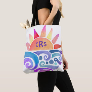 Farbsonnenübersatz über Wasser mit Monogramm Tasche