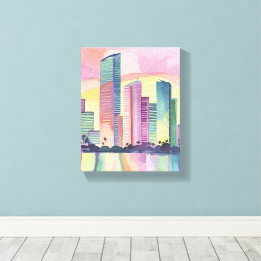 Farbstadt | Miami Florida Watercolor Skyline Leinwanddruck (Insitu (Holzboden))