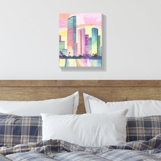 Farbstadt | Miami Florida Watercolor Skyline Leinwanddruck (Insitu (Schlafzimmer))