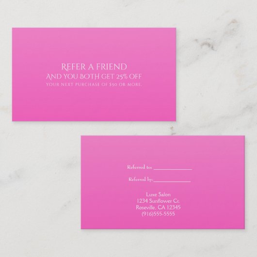 Farbton der rosa modernen Refer-a-Friend-Verweiska Empfehlungskarte (Vorne/Hinten)