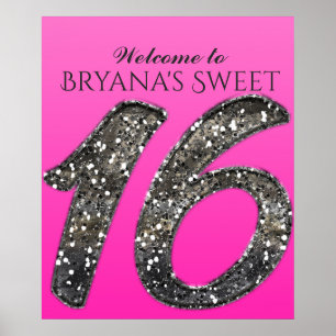 Farbton Rosa & Silber Glitter 16 Sixteen Party Poster