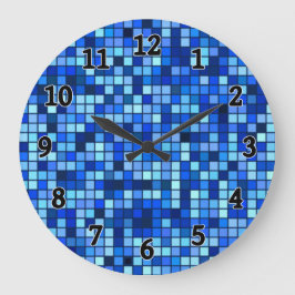 Farbtöne des Blau- und Schwarz-Quadrate-Musters Große Wanduhr