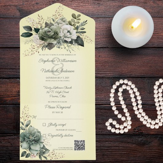 Farbtöne von grün-blütenfarbenem QR-Code All In One Einladung