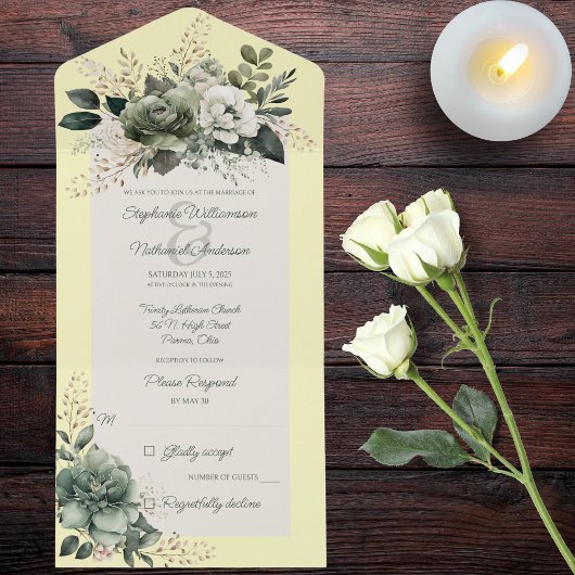 Farbtöne von grüner Blüte auf Gelb All In One Einladung