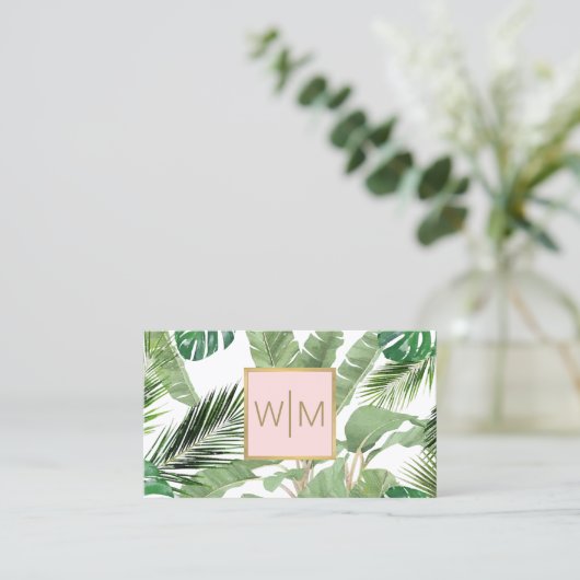 Farbtropische Blätter Monogramm weiß/rosa Visitenkarte (Stehend Vorderseite)