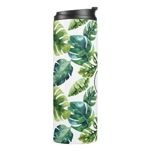 Farbtropische Blätter Muster Monogramm Thermosbecher (Nach links gedreht)
