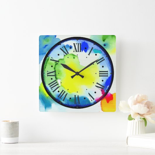 Farbuhr in abstraktem Aquarellbild Quadratische Wanduhr (Zuhause)