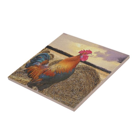 Farbvolle Crowing Rooster und Hay Bales Fliese (Seite)