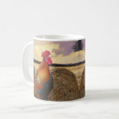 Farbvolle Crowing Rooster und Hay Bales Kaffeetasse (Vorderseite Links)