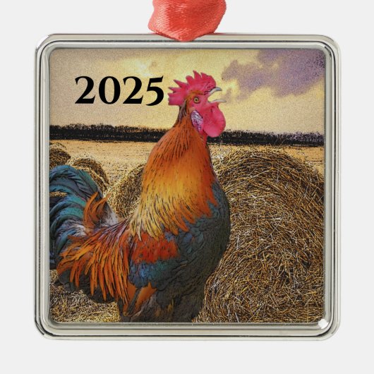 Farbvolle Crowing Rooster und Hay Bales Ornament Aus Metall (Vorne)