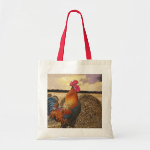 Farbvolle Crowing Rooster und Hay Bales Tragetasche