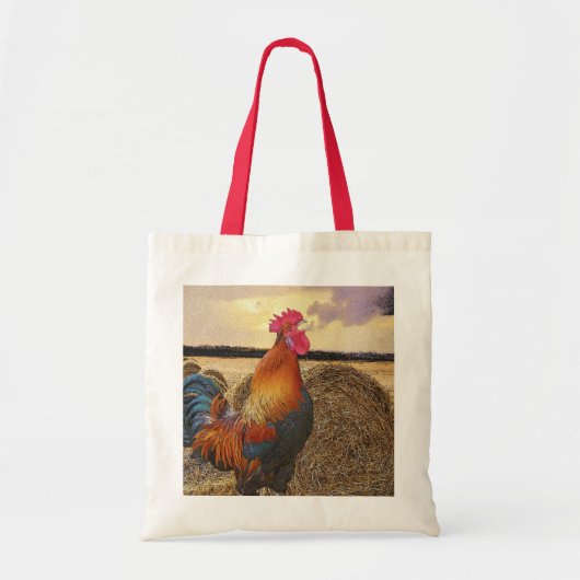 Farbvolle Crowing Rooster und Hay Bales Tragetasche (Vorne)