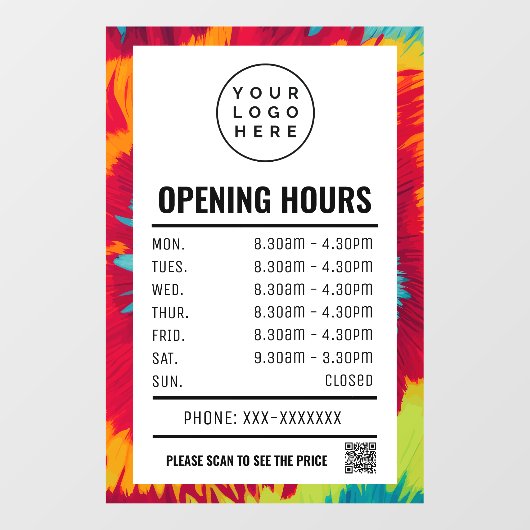 Farbvolle Gefärbte Krawatte Öffnungszeiten mit QR- Fensteraufkleber (Blatt)