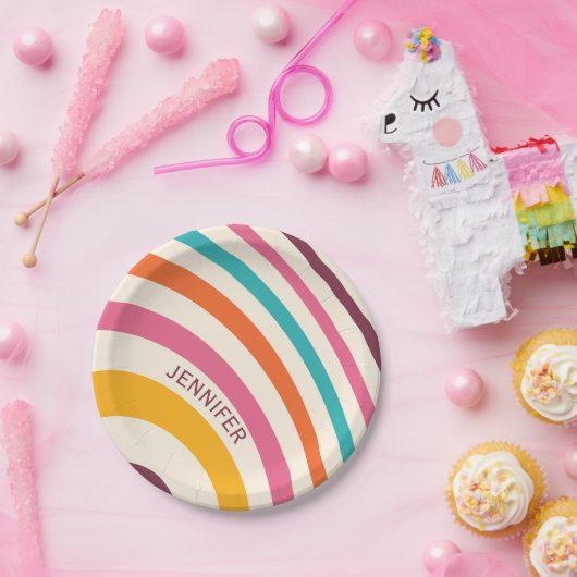 Farbvolle Retrostil-Kurven Pappteller (Party)