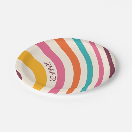 Farbvolle Retrostil-Kurven Pappteller (Schrägansicht)