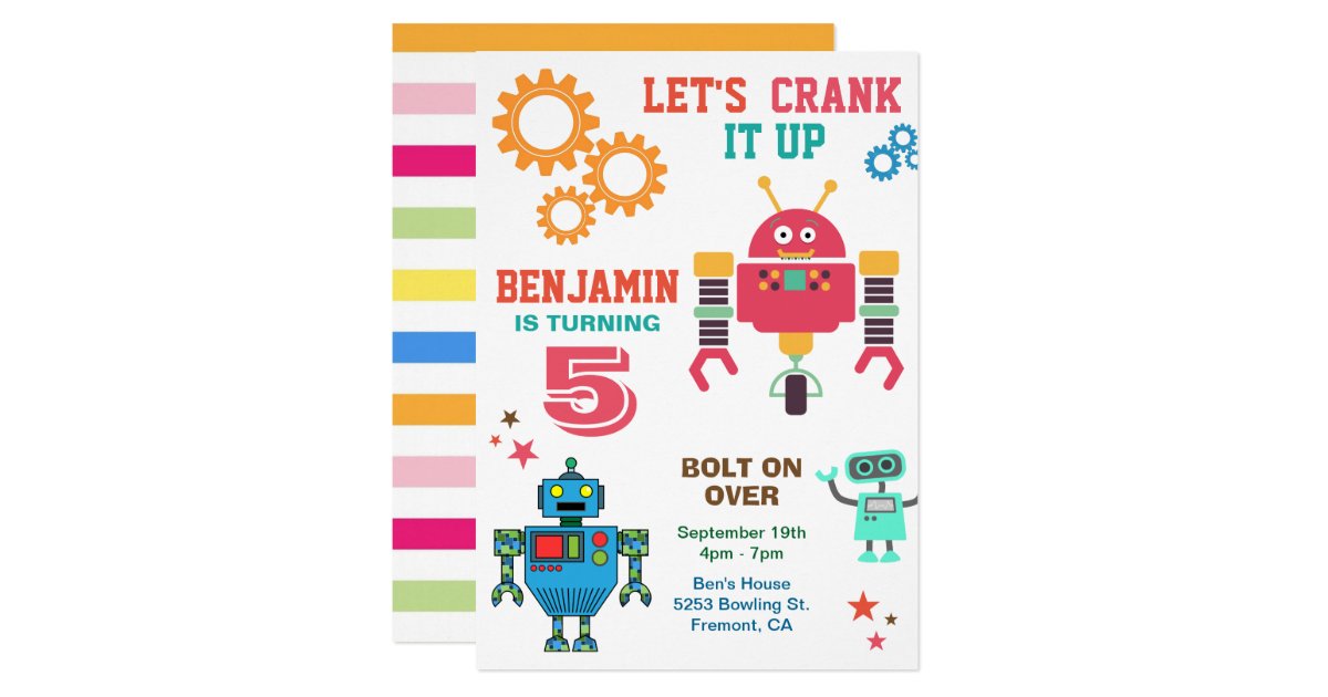 Farbvolle Roboter KindergeburtstagParty Einladung Zazzle.de