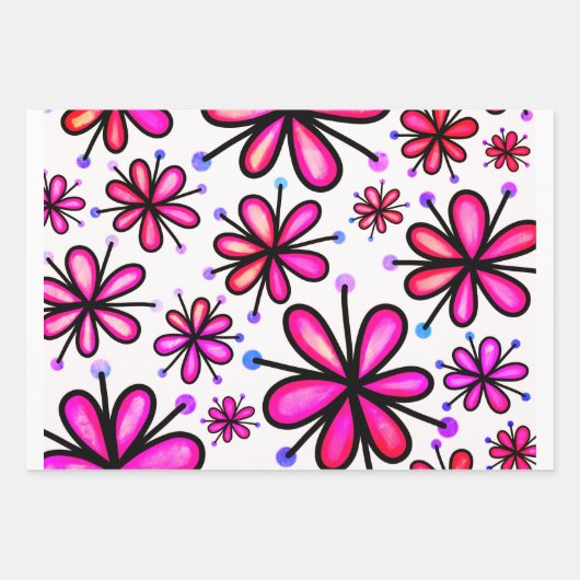 Farbvolles Muster der Doodle-Blume der 70er Jahre Geschenkpapier Set (Vorderseite 3)