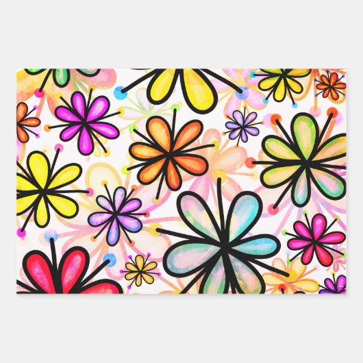 Farbvolles Muster der Doodle-Blume der 70er Jahre Geschenkpapier Set (Vorderseite 2)