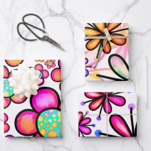 Farbvolles Muster der Doodle-Blume der 70er Jahre Geschenkpapier Set